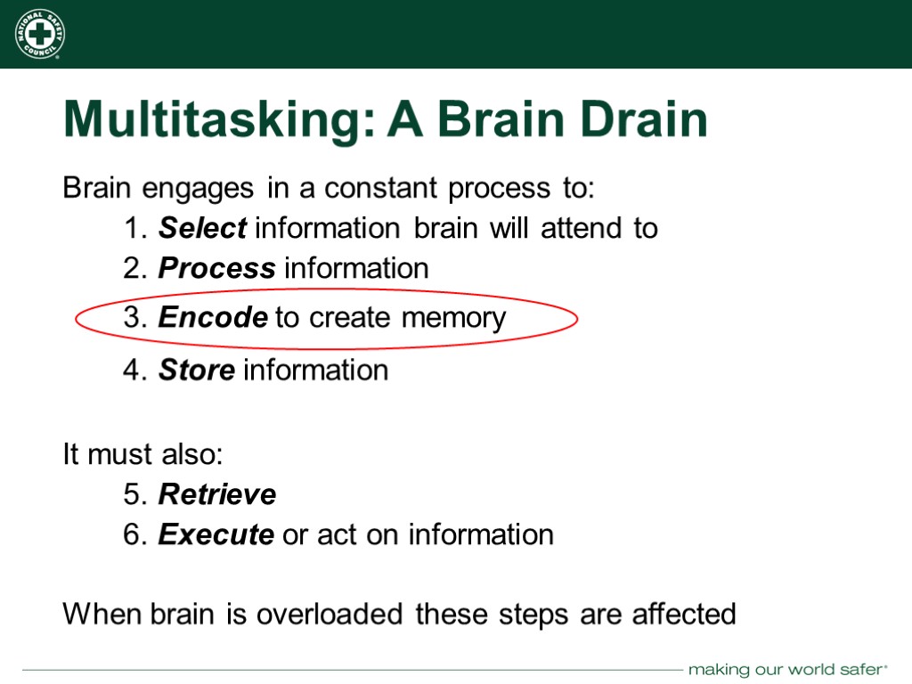 Multitasking: A Brain Drain Brain engages in a constant process to: 1. Select information